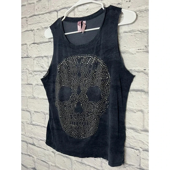 Dolled Up by FANG Womens Sleeveless Studded Skull Tank (M) NAVY - Picture 2 of 8
